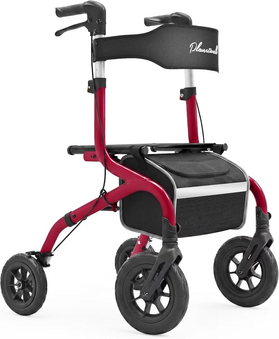 PLANET WALK Foldable Rollator Walker: 10" & 8" All-Terrain Wheels, 300lb Capacity, Treaded Rubber Tires, Breathable Seat & Backrest, Lightweight Mobility Aid for Seniors, Red