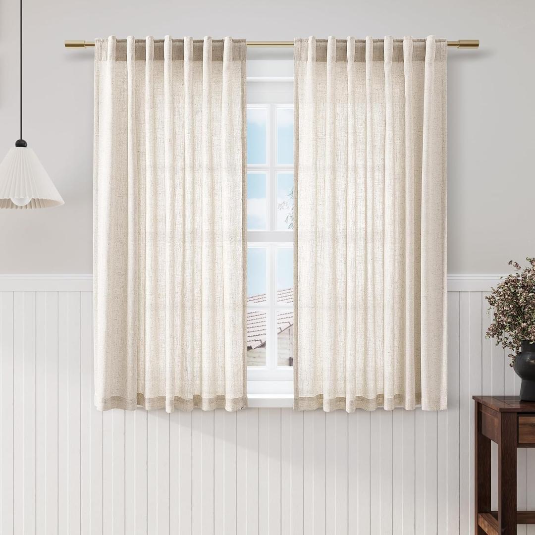 Nanspring Beige Linen Sheer Curtains 54 Inch Length 2 Panel Set Back Tab Pocket Semi Sheer Light Filtering Short Curtain Soft Elegant Aesthetic Small Window Drapes for Bathroom 52x54 inches Long