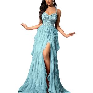 Women's Sequin Tulle Prom Dresses Summer Formal Evening Gown Spaghetti Wedding Bridesmaid Party Cocktail Maxi Dress (Large)