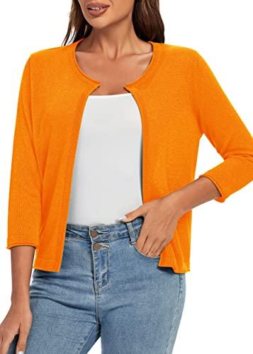 Urban CoCo Women's 3/4 Sleeve Open Front Shrugs Lightweight Crew Neck Cardigan Sweater (Orange, L)