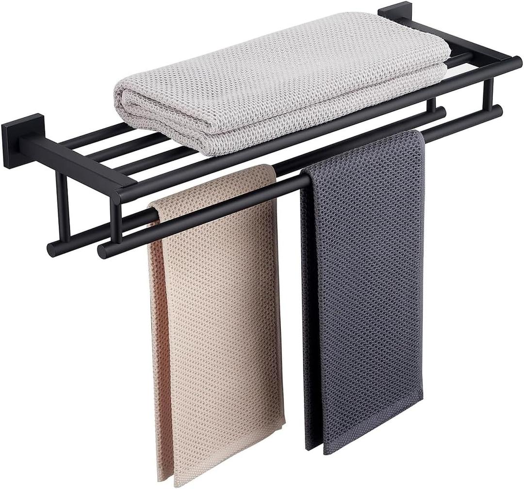 Towel Rack for Bathroom 24 Inch Wall Mounted Towel Rack Matte Black Towel Shelf with Double Towel Bar SUS304 Stainless Steel Towel Holder for Bathroom Wall Hotel Towel Rail (24 Inch/ 60cm)