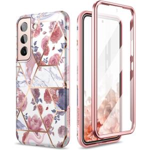 SURITCH for Samsung Galaxy S22 Plus Case, [Built-in Screen Protector] Full Body Protection Shockproof Rugged Bumper Slim Soft Silicone Protective Cover for Galaxy S22 Plus 6.6 Inch (Marble Rose)