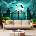 8x6ft Halloween Backdrop Banner Spooky Cemetery Gate Glowing Pumpkins Bats Scene Perfect for Horror Party Decor Photo Booth Background Indoor Outdoor Celebrations