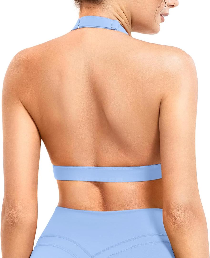 YEOREO Roxanie Women Halter Sports Bra Scoop Neck Removable Padded Open Back Yoga Workout Crop Tank Top (Large, Ice Blue)