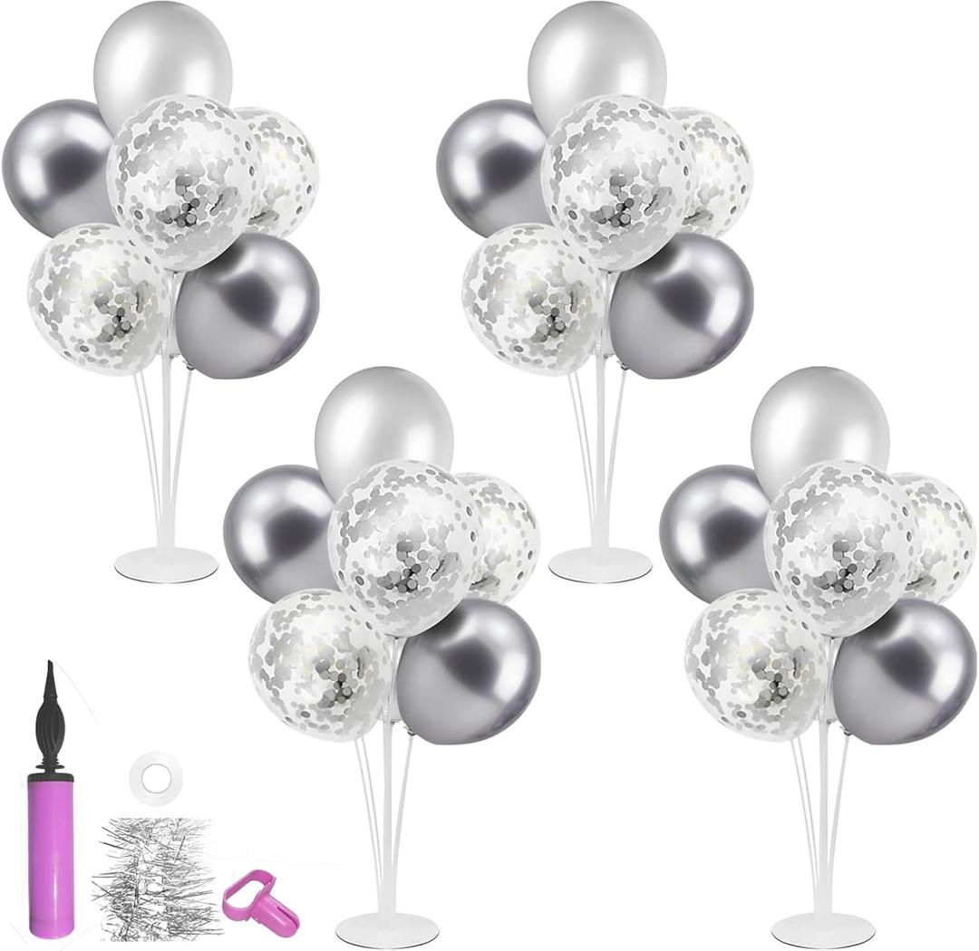 ZJDHPTY Silver and Gray Party Decorations,4 Set Balloon Stand with Pump and Silver Gray Balloons for 25th Birthday 25th Anniversary Wedding Bridal Shower Graduation New Year Party Supplies