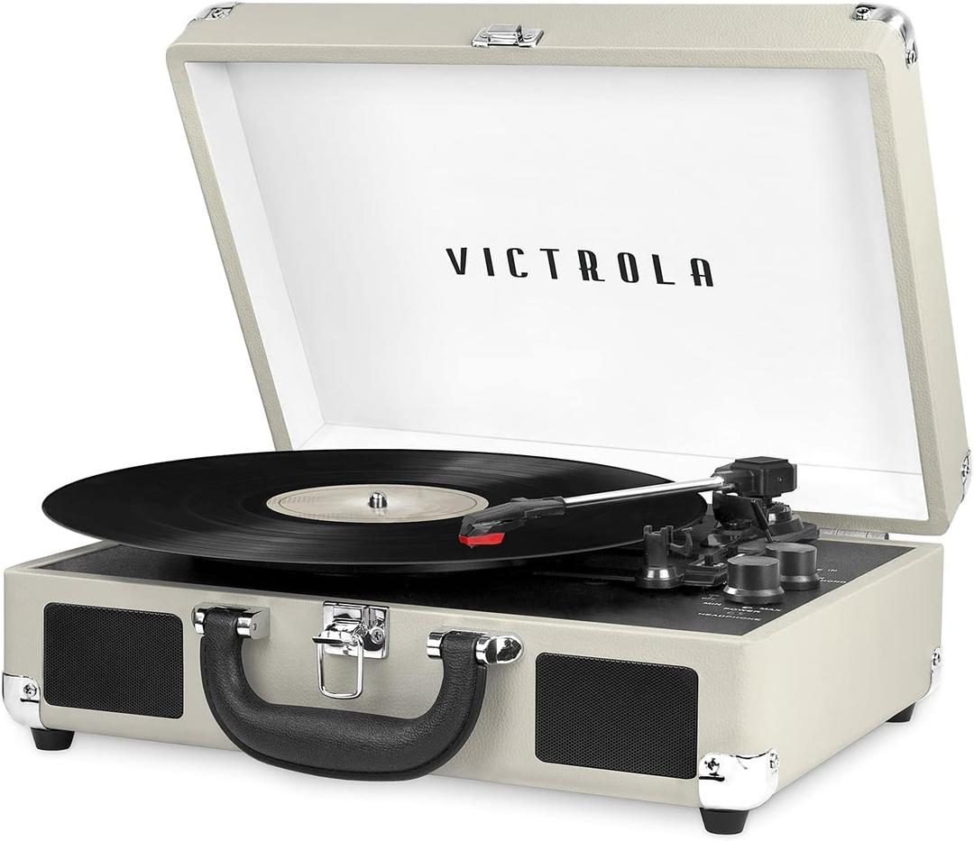 Victrola Journey Bluetooth Portable Suitcase Record Player  with Built-in Speakers, 3 Speed Vinyl Record Player, RCA Out, Headphone Jack (Light Grey)