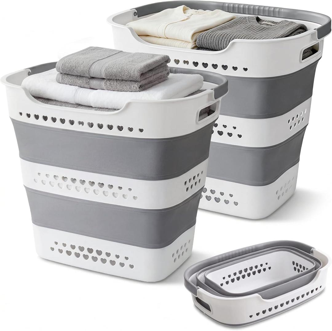 2 Pcs 42L Collapsible Laundry Baskets- Foldable Laundry Basket with Handles, Sturdy Plastic Pop Up Laundry Hamper, Space Saving Storage Container for Wet/Dry Use, Ideal for Home, Dorm, Apartment Grey