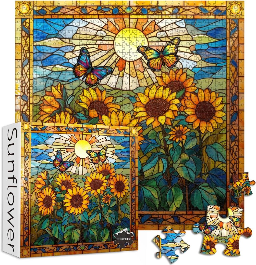 Stained Glass Puzzles for Adults 1000 Pieces and up, PICKFORU Sunflowers Puzzle as Home Decor, Butterfly Flower Puzzles as Home Decor, Sunflower