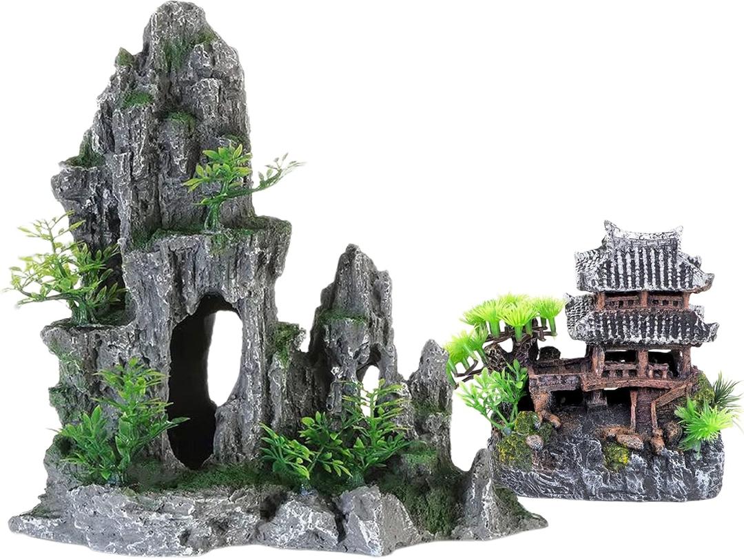 Extra Large Aquarium Decorations kit - Ancient Temple in The Mountain, Japanese Aquarium Decorations Resin Aquarium Castle Decorations Aquarium Mountain View Stone