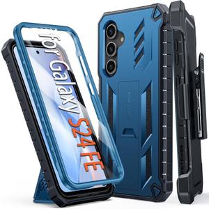 FNTCASE for Samsung Galaxy S24-FE Case: Military Grade Rugged Cell Phone Cover with Kickstand & Holster | Shockproof TPU Protection Bumper Matte Textured Design for Galaxy S24 FE Cases 6.7inch - Blue