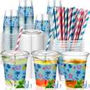 60 Sets Tropical Hawaii Birthday Party Decorations, 14 oz Disposable Plastic Cups with Lids and Straws, Alien Cartoon Summer Palm Leaves Luau Hibiscus Party Favors Drink Coffee Supplies