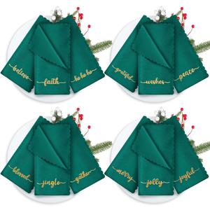 Sliner 12 Pcs Christmas Green Cloth Napkins Set 17 x 17 Inch Embroidered Seasonal Sayings Dinner Fabric Napkins Washable Wishes Grateful Blessed Merry Christmas Napkin for Holiday Kitchen Party