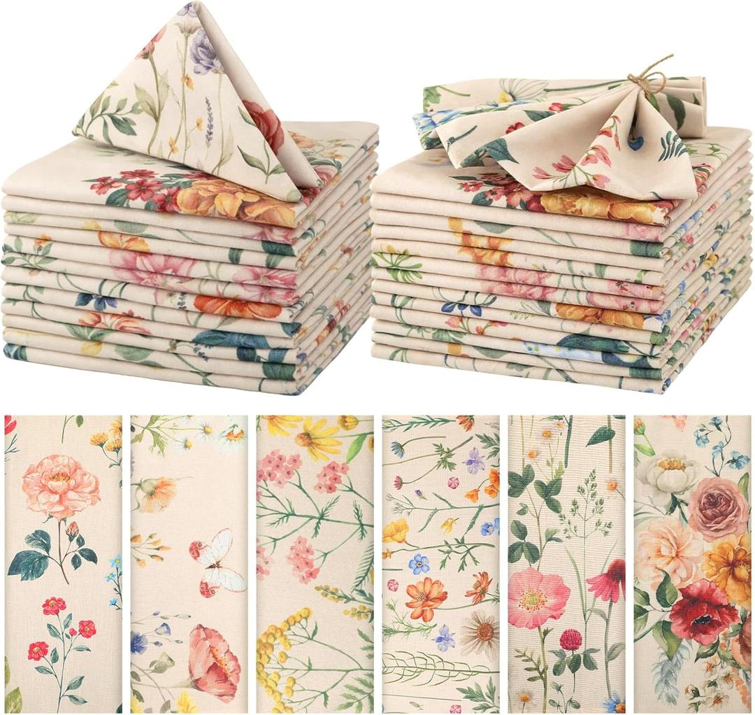 Funnymoom 24 Pcs Butterfly and Wildflowers Floral Napkins Cloth Spring Cloth Napkins Reusable Plants French Retro Toile Dinner Soft Absorbent for Summer Holiday Party