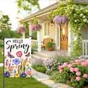 Hello Spring Garden Flag 12x18 Inch, Colorful Tulip & Wildflower Yard Flag with Butterflies, Double Sided Burlap Outdoor Seasonal Decoration for Porch Lawn Garden DF1098