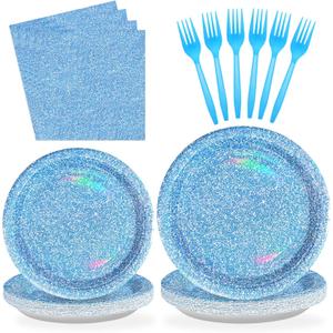 96 PCS Blue Party Supplies 350 GSM Holographic Rainbow Blue Plates and Napkins Tableware Set Iridescent Blue Party Decorations for Winter Birthday Party Wedding Anniversary Bridal Baby Shower Serve 24