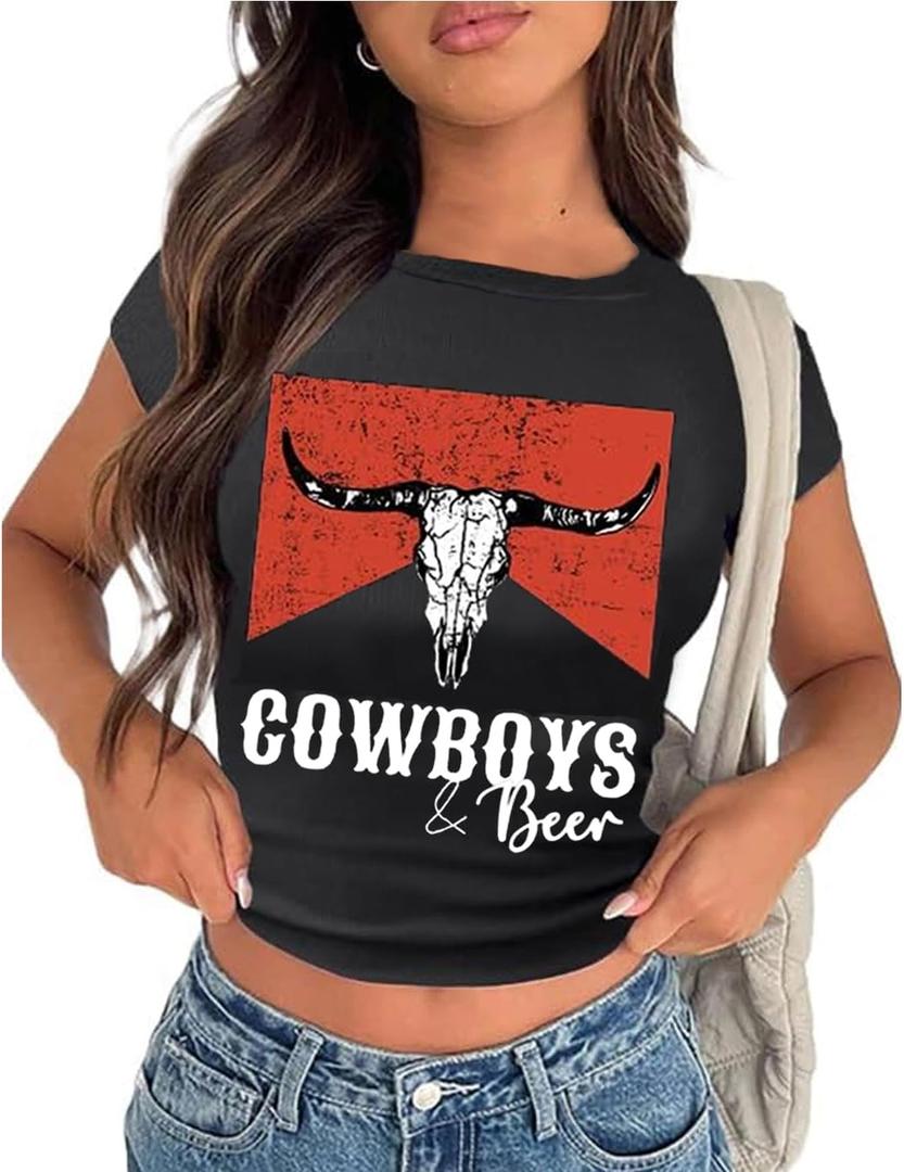 Cowgirl Cropped Shirt for Women Country Concert Vintage Graphic Tee Western Cowboy Rodeo Crop Tops (Small, Black)