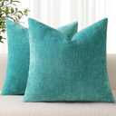 decorUhome Chenille Turquoise Summer Throw Pillow Covers 18x18 Inch Set of 2, Decorative Soft Couch Pillow Covers Solid Dyed Accent Farmhouse Neutral Square Pillow Cases for Sofa