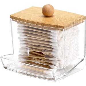 Tbestmax 10oz Qtip Holder Dispenser with Bamboo Lids, Big Clear Bathroom Organizer Accessories Decor for Storage-Qtips Cotton Ball Holder Apothecary Jars, Cotton Swabs, Floss Container (1Pc-Brown)