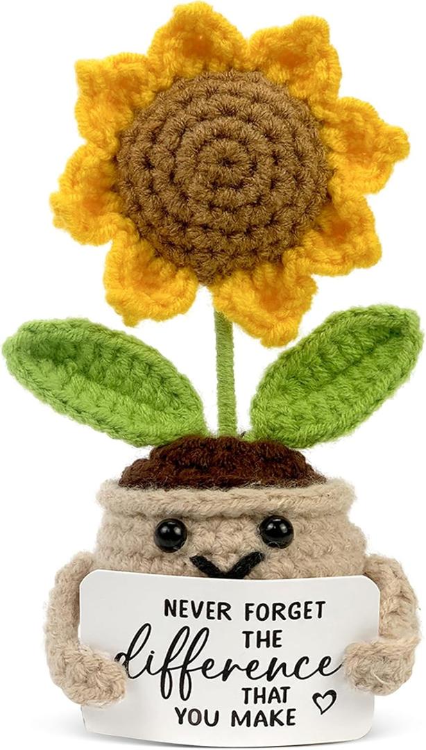 Tiny Detalles Birthday Gifts for Women - Mini Positive Crochet Sunflower, Gifts for Mom from Daughter Son on Mothers Day, Thank You Gifts for Teacher, Coworker, Friends and Sunflower Decor