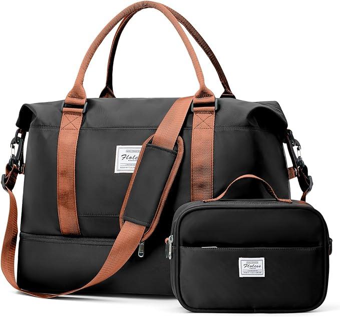 Weekender Bags for Women, Travel Duffel Bags with Shoe Compartment,Personal Item Travel Bag for Airlines, Carry on Overnight Tote Bag for Women with Toiletry Bag，Black&Brown