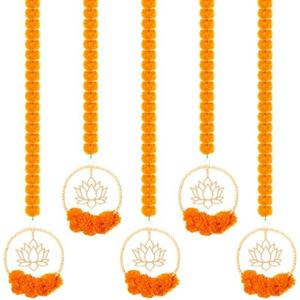 Juinte 5 Pcs 69.6 Inch Diwali Artificial Marigold Garland with Lotus Wood Bead Hanging for Decoration Artificial Flowers Long Strands Indian Pooja Ganesh Decor for Indian Wedding Pooja Christmas Party