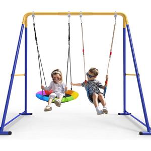 Swing Sets for Backyard, Toddler Swing Set with 1 Saucer Swing & 1 Belt Swing, 440lbs Heavy-Duty Swing Frame w/8 Ground Stakes, A Frame Outdoor Swingset for Kids and Adults for Backyard (Blue)