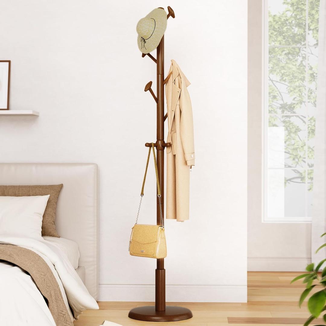 Solid Wood Coat Rack Freestanding Coat Tree with 10 Hooks for Bedroom, Livingroom, Entryway, Sturdy Coat Hanger Stand for Hats, Coats, Scarves, Handbags, Purses (Walnut Brown)