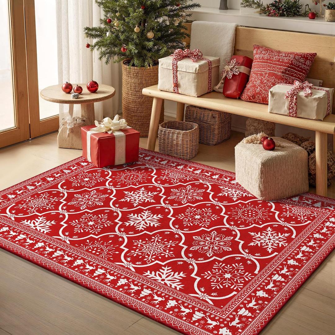 Yamaziot Christmas Area Rug 3x5 Bedroom Snowflake Washable Rug Indoor Mat Modern Xmas Red Geometric Accent Rug Soft Floor Cover Thin Carpet Non Slip for Kitchen Dining Room Living Room