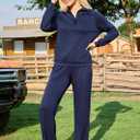difficort Women's 2 Piece Outfits Sweatsuit Casual Lapel Half Zip Sweatshirts Straight Leg Pants Tracksuit Travel Lounge Set (Blue, XXL)