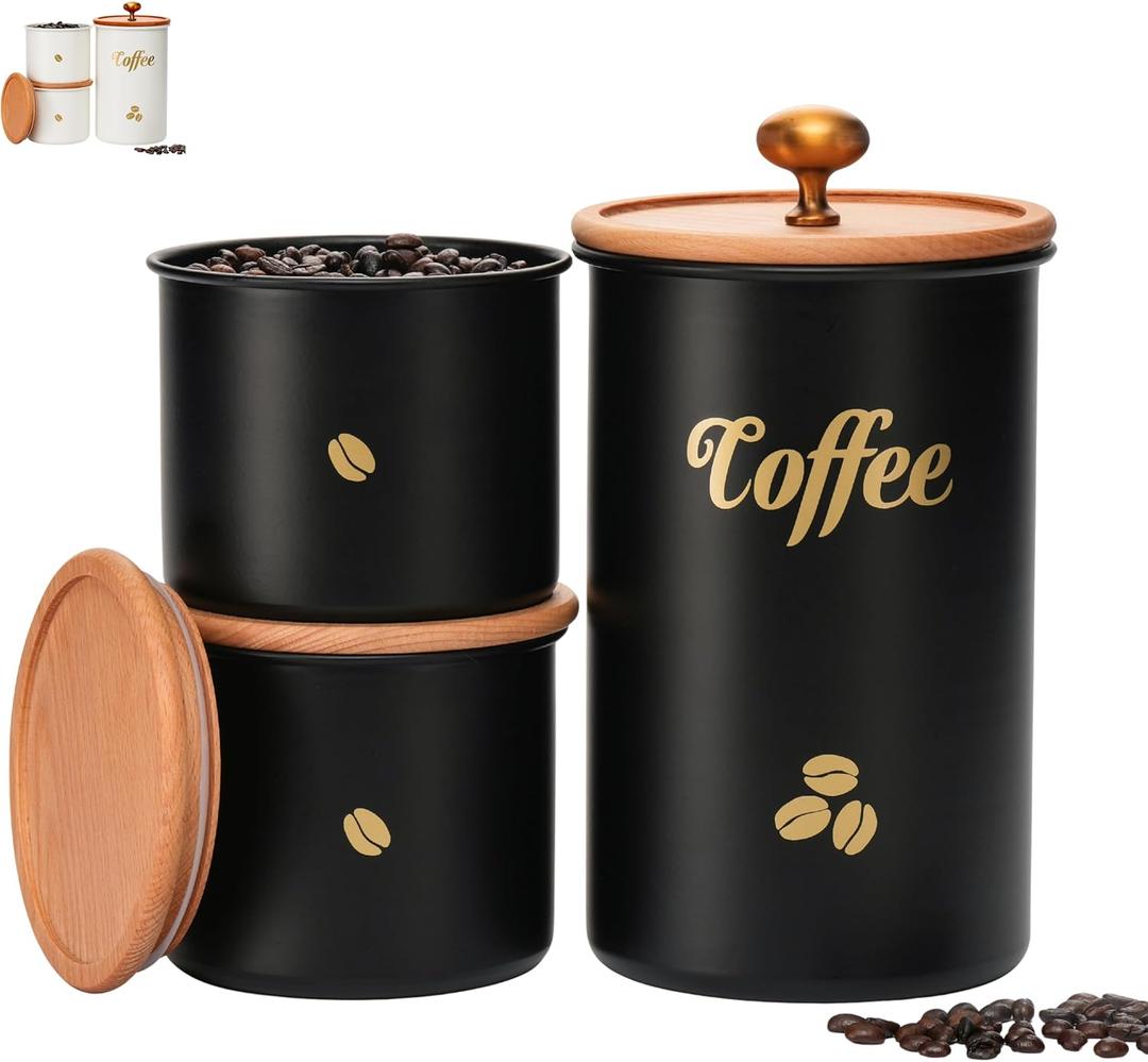 Coffee Canister, 3 pack Large Airtight Coffee Bean Storage Container, Caf Grounds Container, Cafe Jar Cafe Holder, Food Storage Container for Flour, Sugar, Tea (Black)