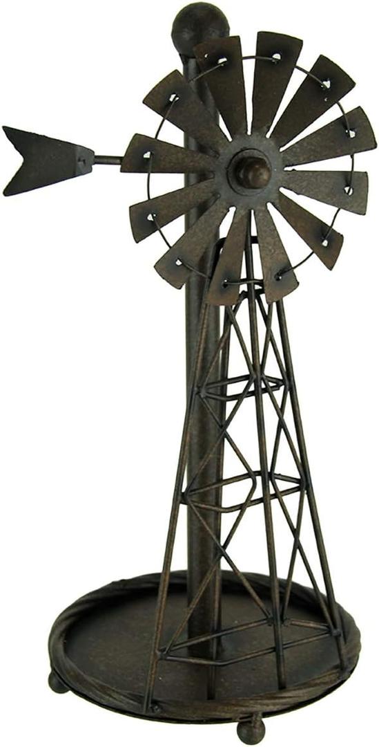 Rustic Distressed Metal Art Windmill Paper Towel Holder Kitchen Table Decor