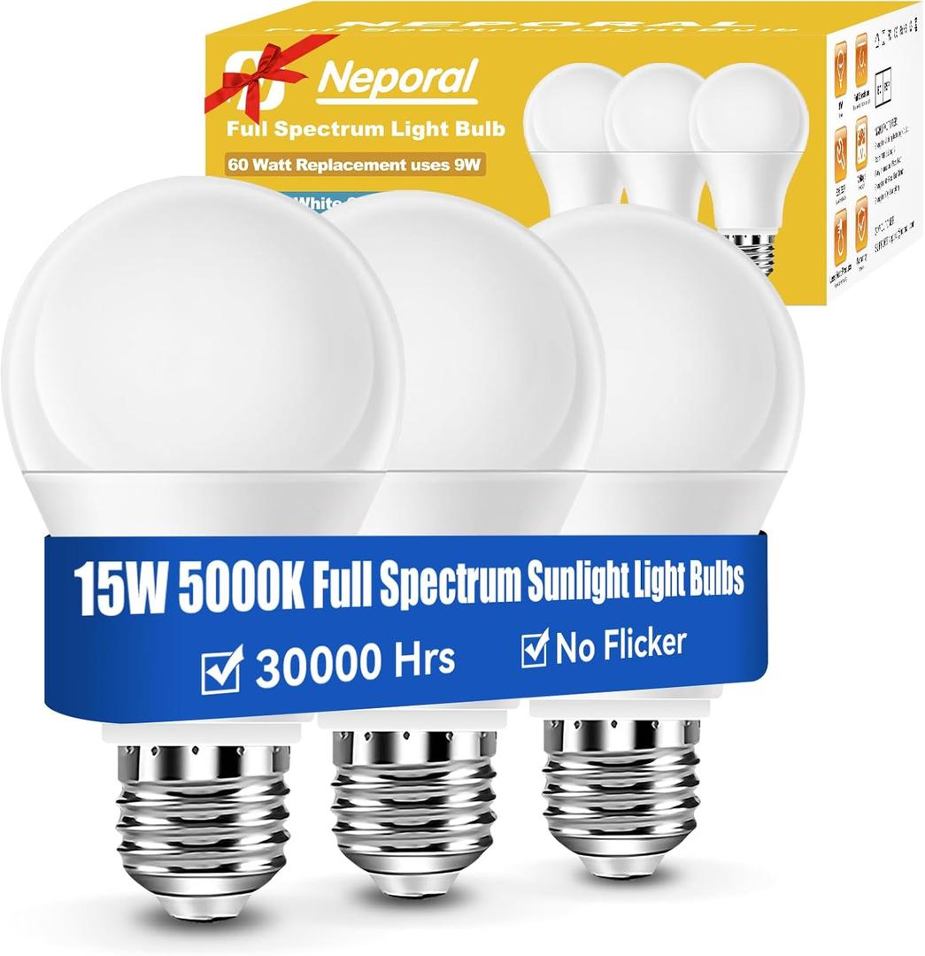 Neporal 15W Full Spectrum Light Bulb, 5000K UV-Free Natural Sunlight Bulbs, 15W 100W Equivalent LED Light Bulb, CRI 90+, No Flicker,1200Lumen Daylight Sun Lamp for Home & Office,3PK