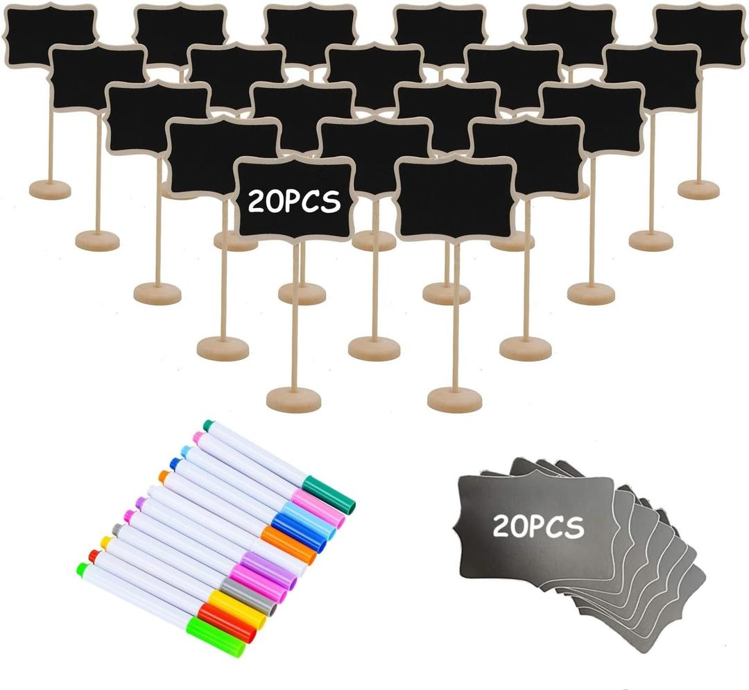 20PCS Wood Mini Chalkboard Sign and Replacement Stickers, Food Labels for Party Buffet, Black board for Message Board Signs, Weddings Place Cards, Birthday Party, 2 Pack