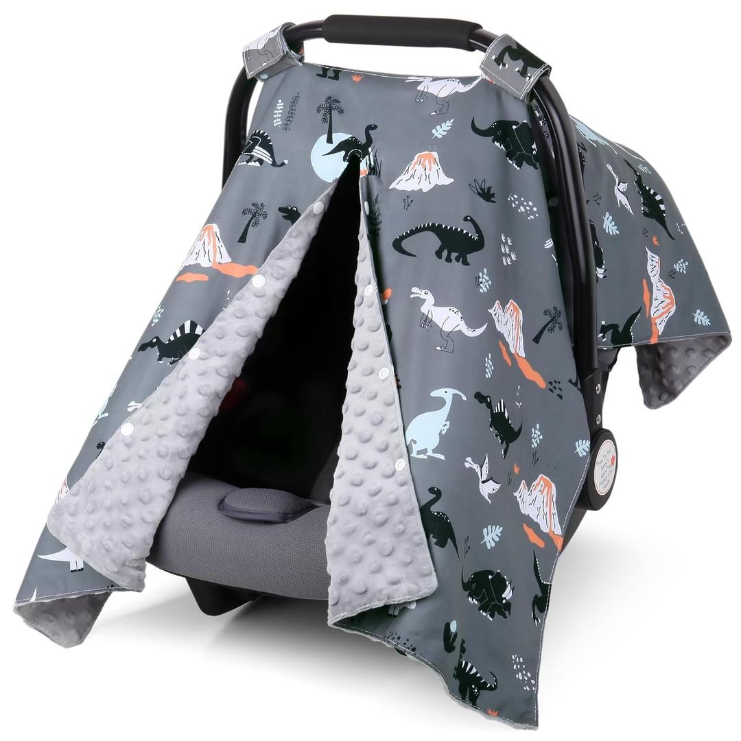 Rquite Car Seat Cover Baby, Carseat Covers Baby Boy, Minky Infant Car Seat Cover Winter, Peekaboo Opening Car Seat Canopy, Multi-use Baby Carrier, Stroller, Nursing Cover, Minky Blanket, Dinosaur (Grey Dinosaur)