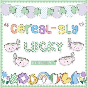 St. Patrick's Day Bulletin Board Decorations, Cereal-Sly Lucky to Teach You Cutouts Classroom Bulletin Board Decorations with Banner Decor Set for School Chalkboard Wall Irish Party Supplies (Green)