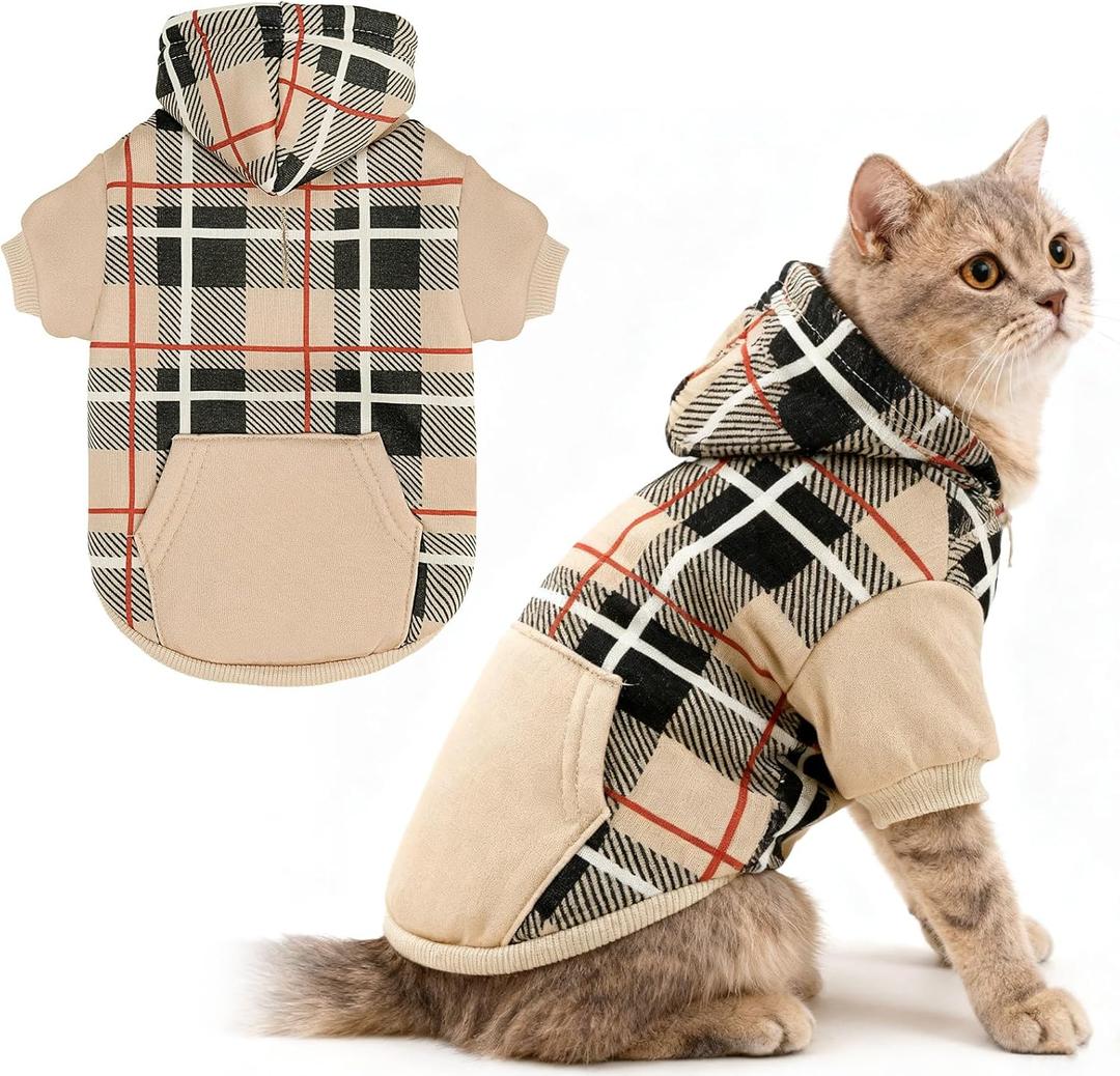 EXPAWLORER Plaid Cat Hoodie - British Style Warm Cat Sweater Shirt with Leash Hole, Pet Clothes Outfits, Winter Coat Apparel for Puppy Cats Girl Boy-Kitten Apparel, Beige M