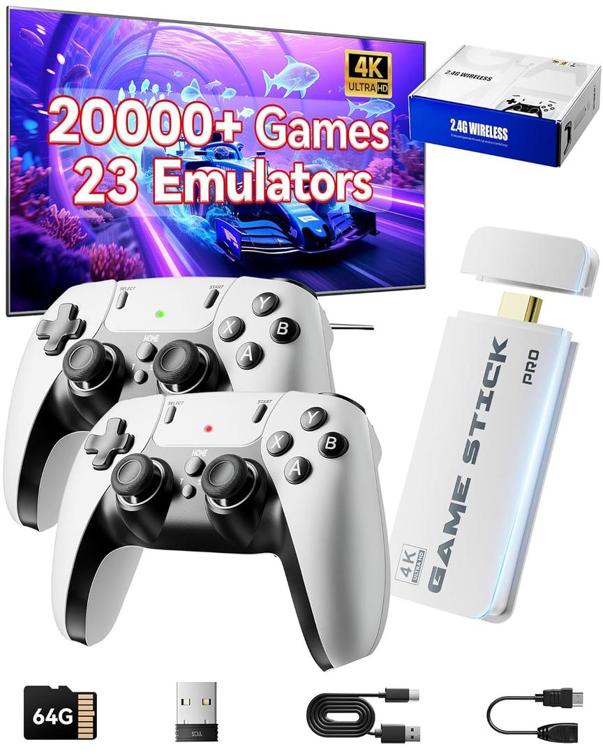 2026 New Retro Gaming Console, Retro Gaming Stick with 20,000+ Classic Game and 23 Game Emulators, Plug & Play 4K HDMI Output Game Console Stick with Dual 2.4G Controllers (64GB)