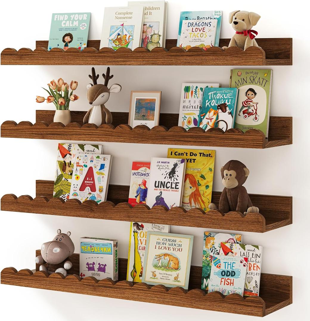 Shario Nursery Book Shelves, 4-Pack White Floating Shelves for Wall Kids, Scalloped Shelves, Wall Book Shelves for Bedroom Kids, Toddler Room, Baby Room, Nursery Decor 23in