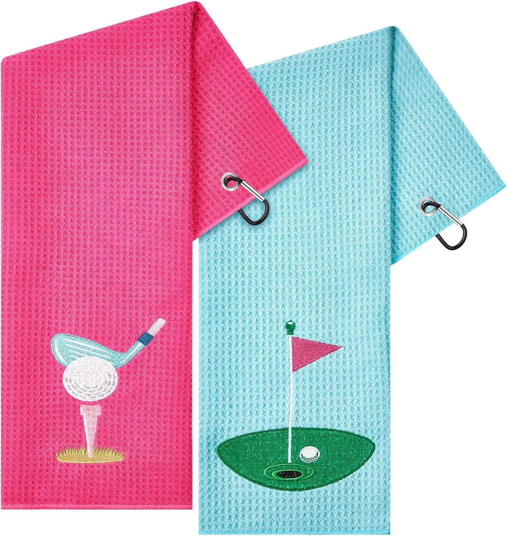 2 Pieces Funny Golf Towel Microfiber Embroidered Ball Towels for Women Ball Bags with Clips Accessories Waffle Pattern for Mother Golf Fan Birthday Gifts(Hot Pink Blue,Elegant Style)