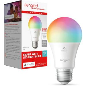 Sengled LED Smart Light Bulb (A19), Matter-Enabled, Multicolor, Works with Alexa, 60W Equivalent, 800LM, Instant Pairing, 2.4 GHz, Wi-Fi, 1-Pack