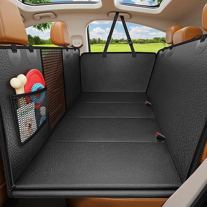 URPOWER PU Leather Backseat Extender for Dogs, Hard Bottom Dog Car Seat Cover for Back Seat, Waterproof Dog Car Hammock Anti-Scratch Pet Rear Seat Protector Travel Bed for Car and SUV, Black