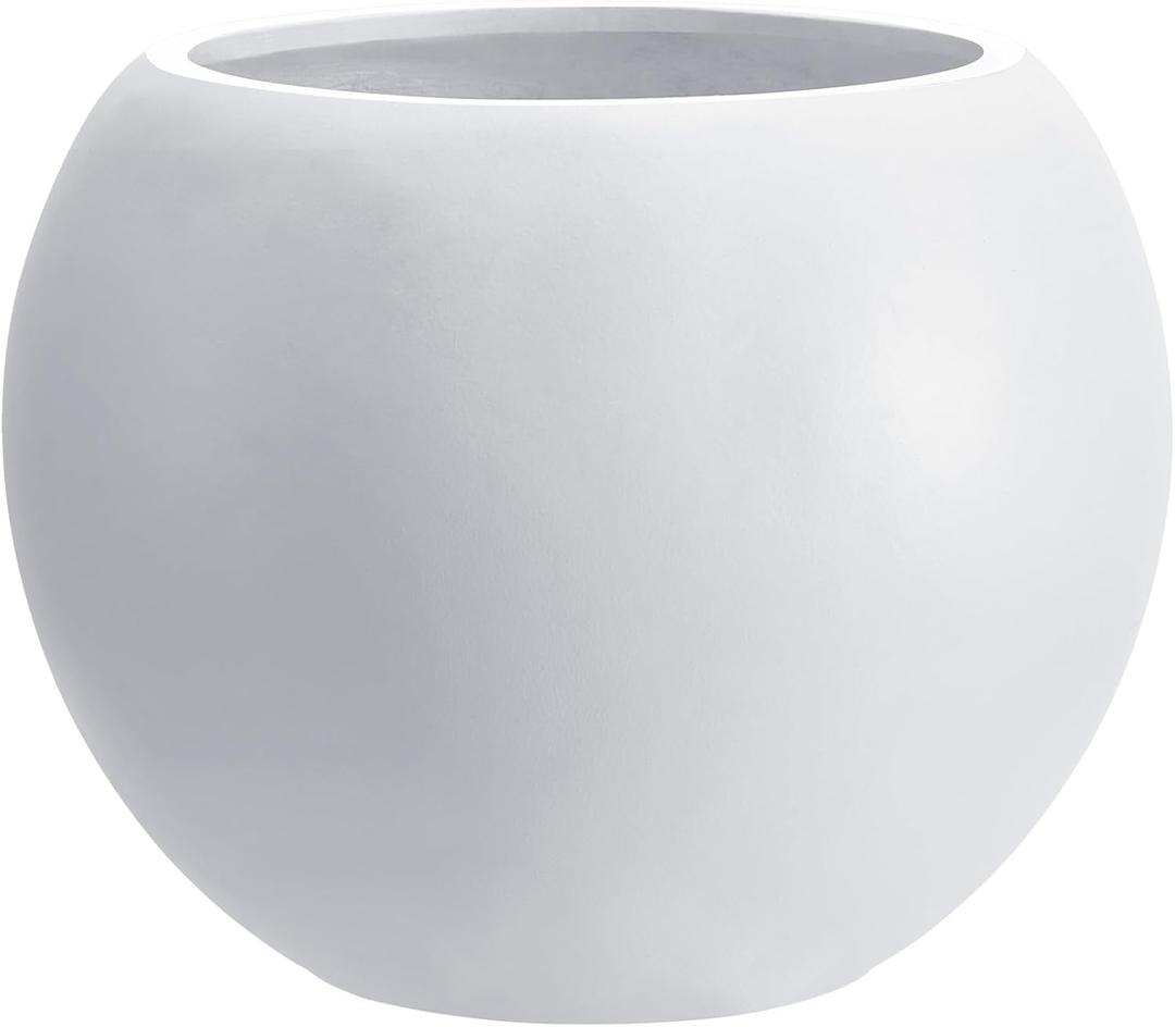 13.5 H x 17" Dia (12" Pot Opening) White Round Fiberstone Tall Planter with Drainage Hole, Indoor/Outdoor Large Plant