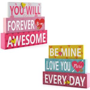 2 x 2-Piece Valentine's Day Wooden Sign SetYou Will Forever Be My Awesome & Be Mine Love You More Every Day Wood Tabletop Decor for Mantel, Desk, Shelf or Tiered Tray, Romantic Gift for Her