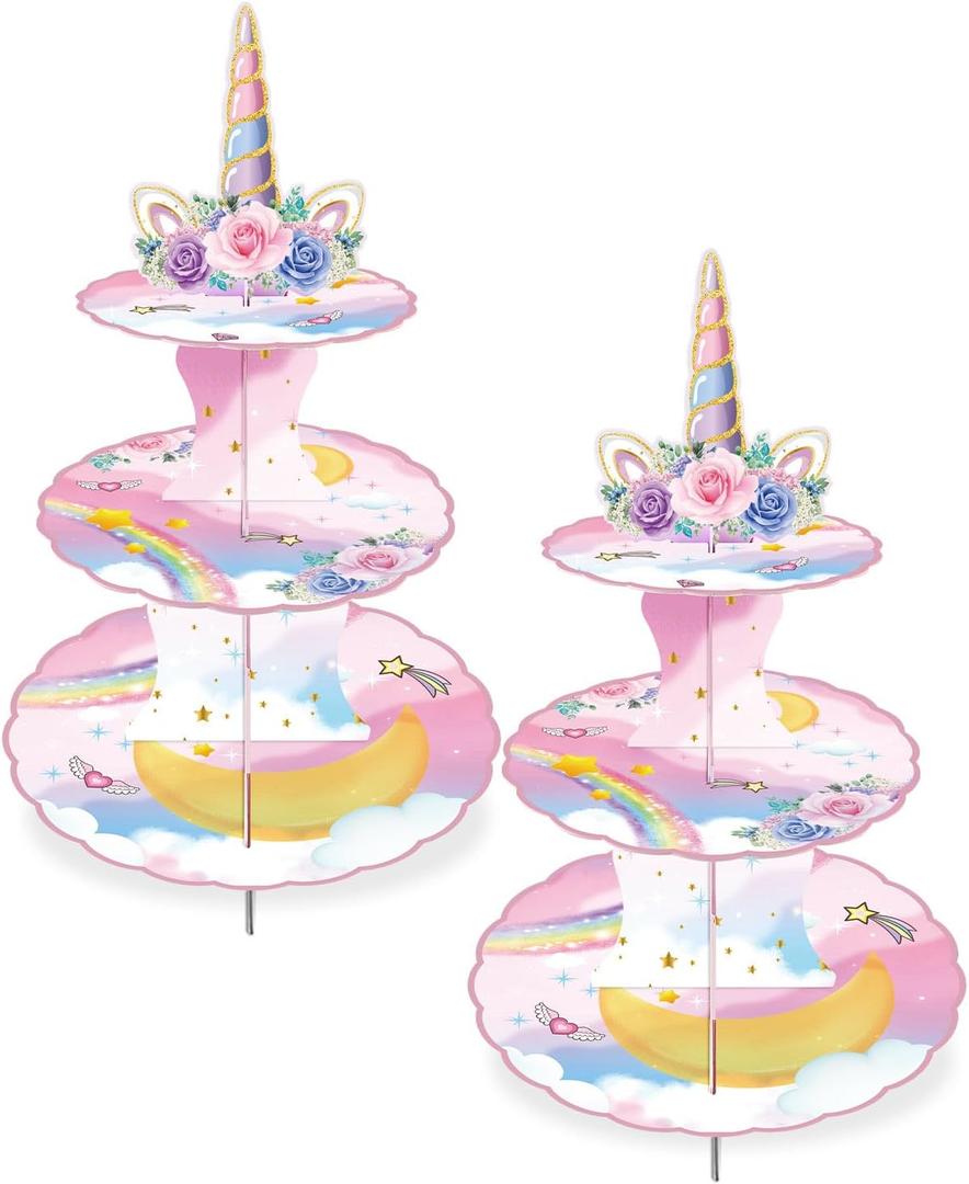 2 Pack Unicorn Cupcake Stands Birthday Decorations: 3-Tier Unicorn and Rainbow Theme Party Supplies Cake Stand Toppers for Girls Kids - Suitable for 48pcs Cupcakes Pink Table Decorations