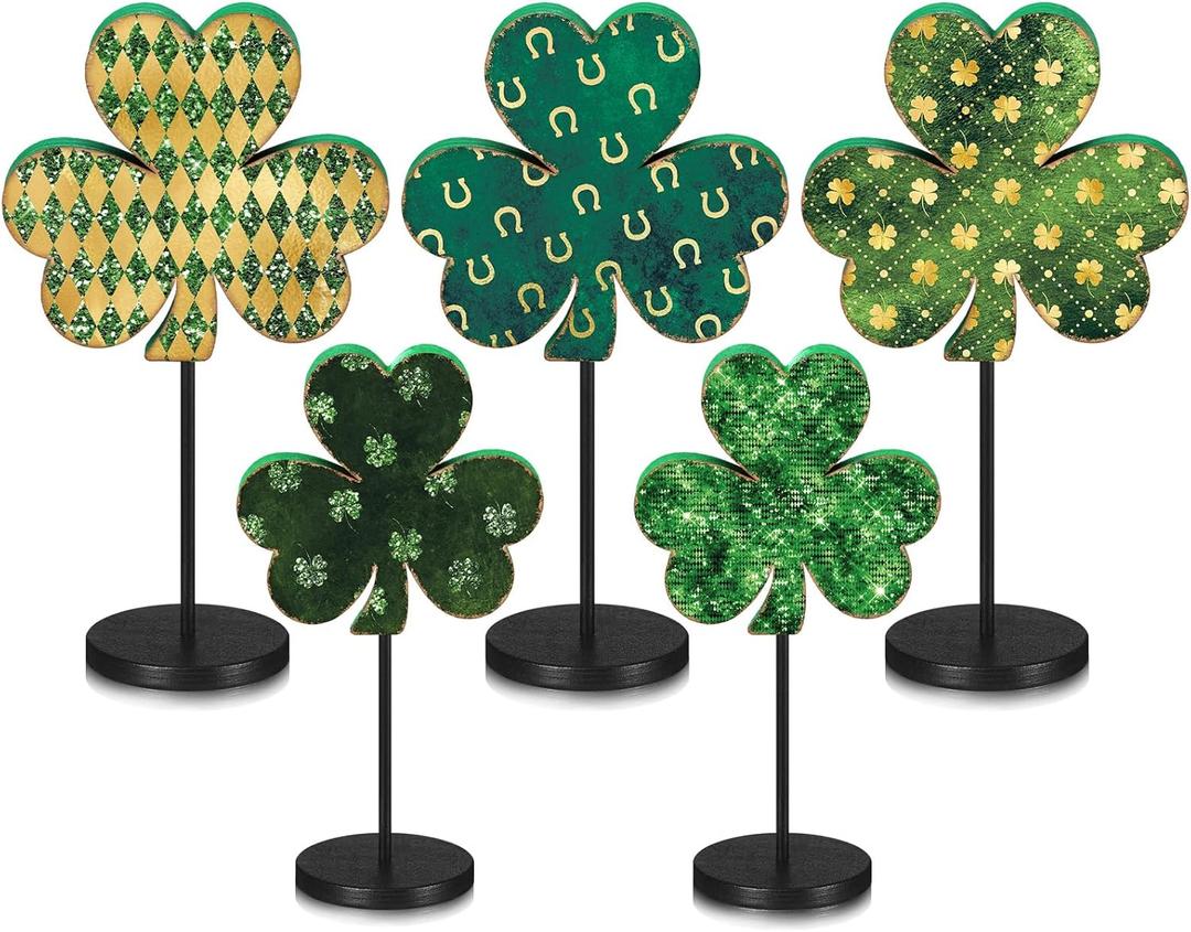 5 Pcs St Patricks Day Decorations Shamrock Wooden Sign Stand Irish Wood Centerpiece Table Decorations Freestanding Clover Signs St. Patrick's Day Decor for Gift Desk Party(Shiny Shamrock)