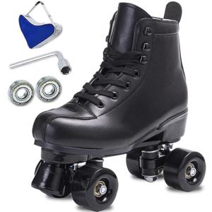 SCNUT Skates Women's Men's High Top Black PU Leather Classic Double Row Adjustable Outdoor Indoor Quad Skates and Roller Derby (Black Wheel, 45-Women's 11 / Men's 10)