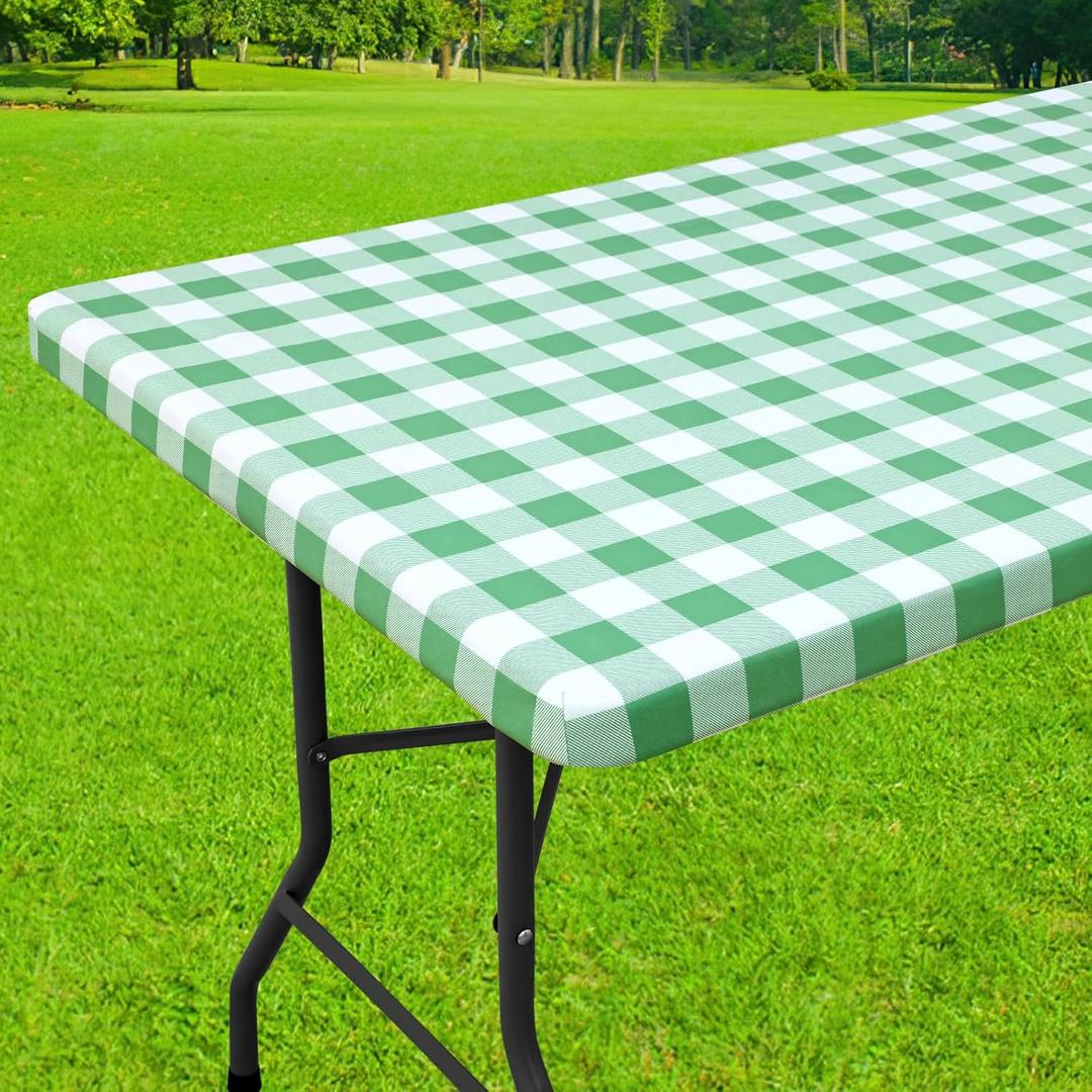 Smiry Rectangle Picnic Table Cloth, Elastic Waterproof Fitted Vinyl Tablecloths, Flannel Backed Buffalo Plaid Table Covers for Dining, Camping, Outdoor (Sage Green and White, 30" x 60")