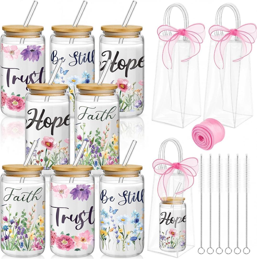 Mumufy 8 Sets Christian Glass Cups with Clear Gift Bag 16 oz Reusable Pink Iced Coffee Mugs Aesthetic Cute Tumbler with Lids and Straws, Gifts for Girls Women Bridesmaid