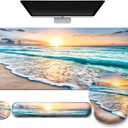Mouse Pad + Desk Mat + Keyboard Wrist Rest + Coaster 4 in 1 Set, Cute Ergonomic Large Gaming Mousepad with Wrist Rest Support Desk Pad for Computer Laptop Office Home Decor-Beach