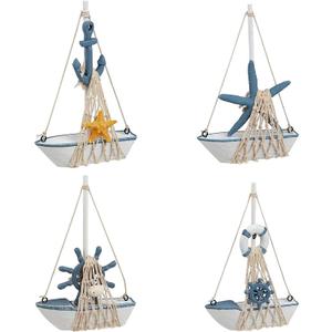 Juvale Set of 4 Mini Wooden Sailboat Models for Beach Nautical Home Decor, Miniature Boat Decorations